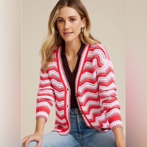Maurices Pink & White Chevron Knit Cardigan | Button Front | Cozy Layer | Medium
